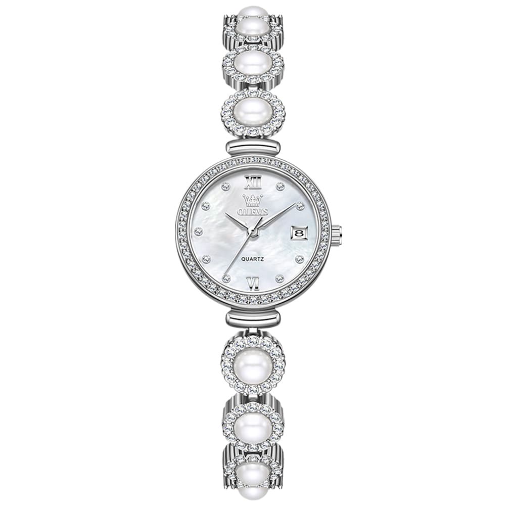OLEVS Women Pearl Bracelet Watch Diamond Mother of Pearl Date Quartz 5635 - Silver White Dial Watch | Olevs Watch Store