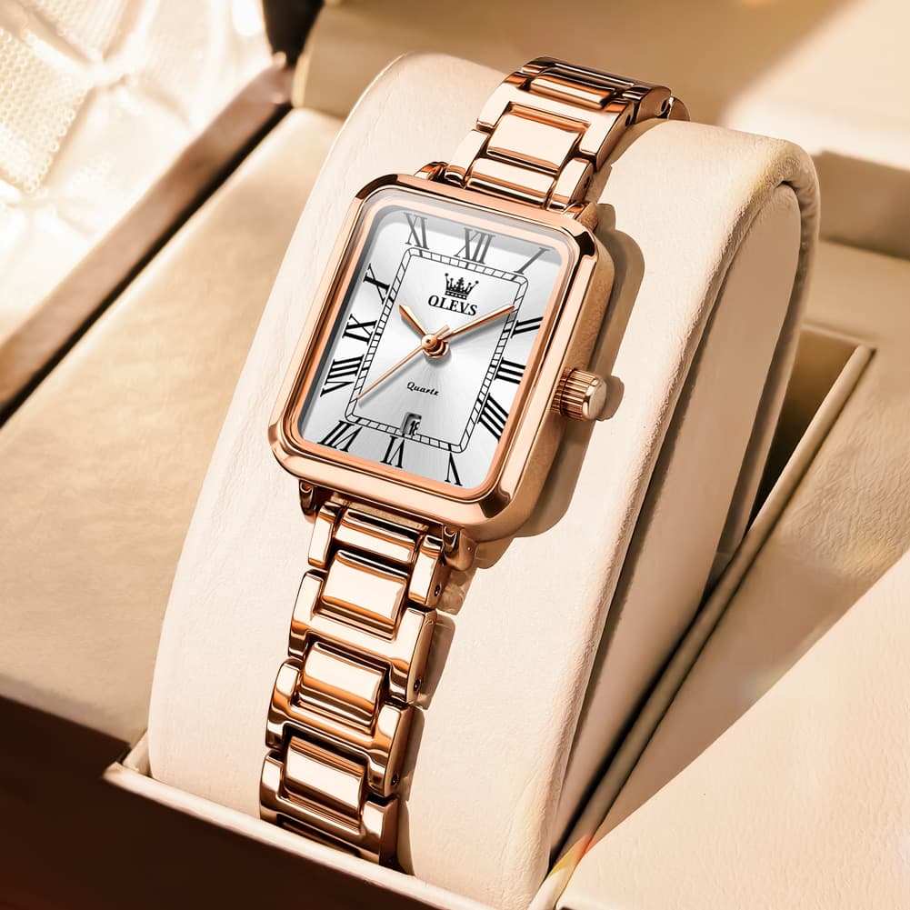 OLEVS Women Rectangular Dress Watch Retro Tank Stainless Steel Date Quartz 5641-Rose Gold White Dial Watch |Olevs Watch Store