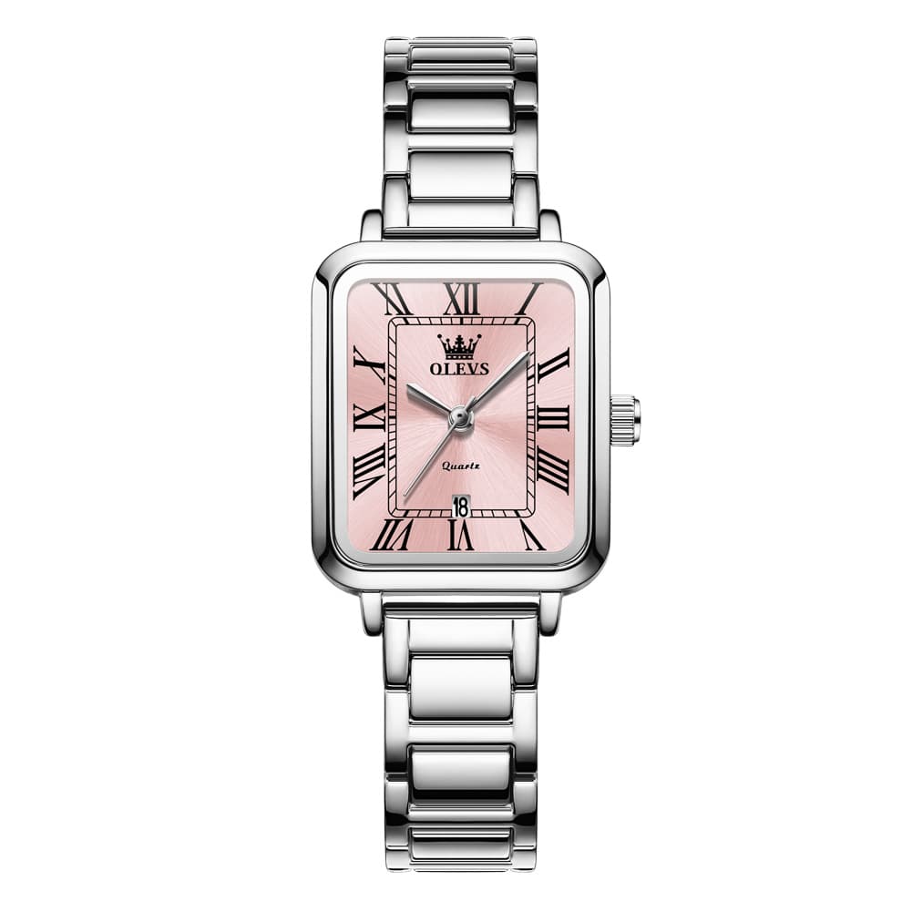 OLEVS Women Rectangular Dress Watch Retro Tank Stainless Steel Date Quartz 5641 - Silver Pink Dial Watch | Olevs Watch Store
