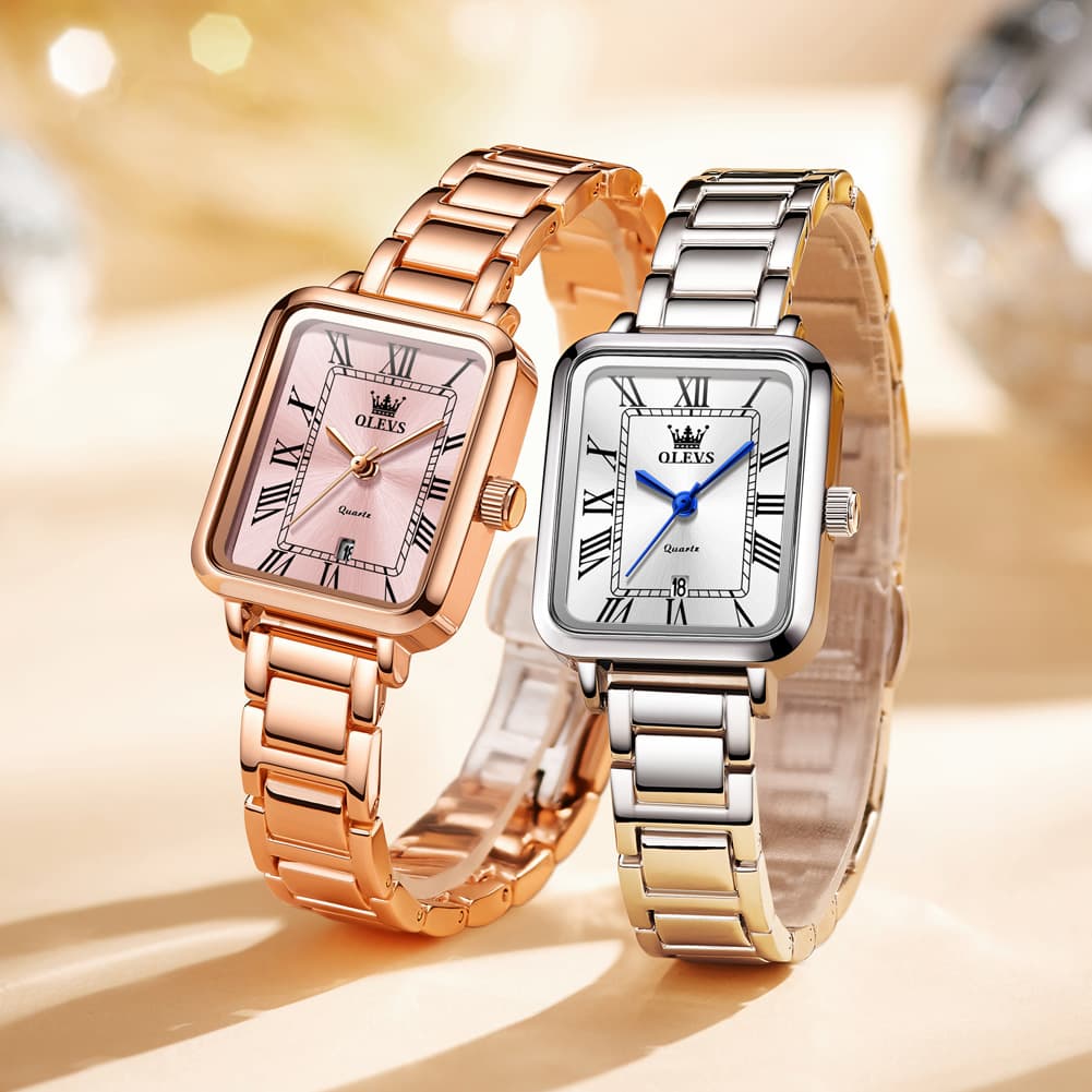 OLEVS Women Rectangular Dress Watch Retro Tank Stainless Steel Date Quartz 5641 - Silver Pink Dial Watch | Olevs Watch Store