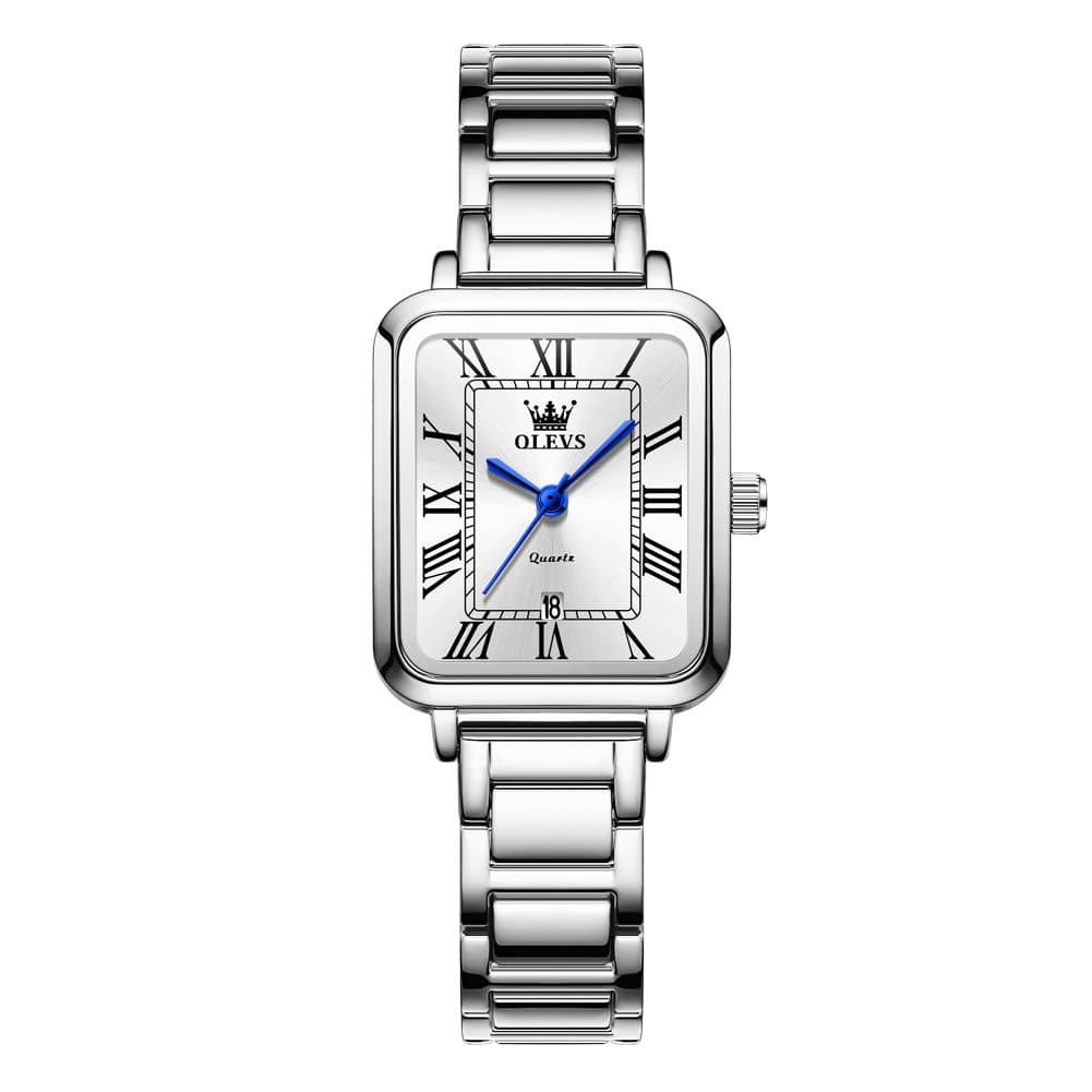 OLEVS Women Rectangular Dress Watch Retro Tank Stainless Steel Date Quartz 5641 - Silver Pink Dial Watch | Olevs Watch Store