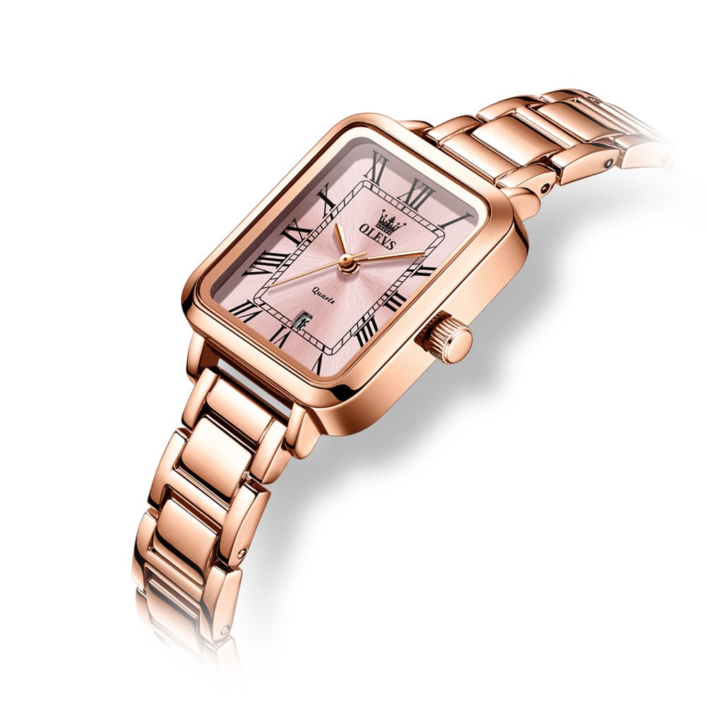OLEVS Women Rectangular Dress Watch Retro Tank Stainless Steel Date Quartz 5641 - Silver Pink Dial Watch | Olevs Watch Store