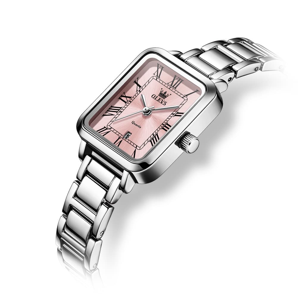 OLEVS Women Rectangular Dress Watch Retro Tank Stainless Steel Date Quartz 5641 - Silver Pink Dial Watch | Olevs Watch Store