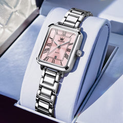 OLEVS Women Rectangular Dress Watch Retro Tank Stainless Steel Date Quartz 5641 - Silver Pink Dial Watch | Olevs Watch Store