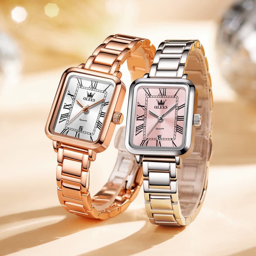 OLEVS Women Rectangular Dress Watch Retro Tank Stainless Steel Date Quartz 5641 - Silver Pink Dial Watch | Olevs Watch Store