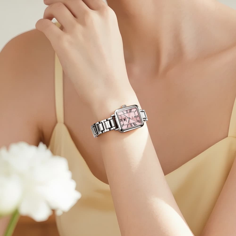 OLEVS Women Rectangular Dress Watch Retro Tank Stainless Steel Date Quartz 5641 - Silver Pink Dial Watch | Olevs Watch Store