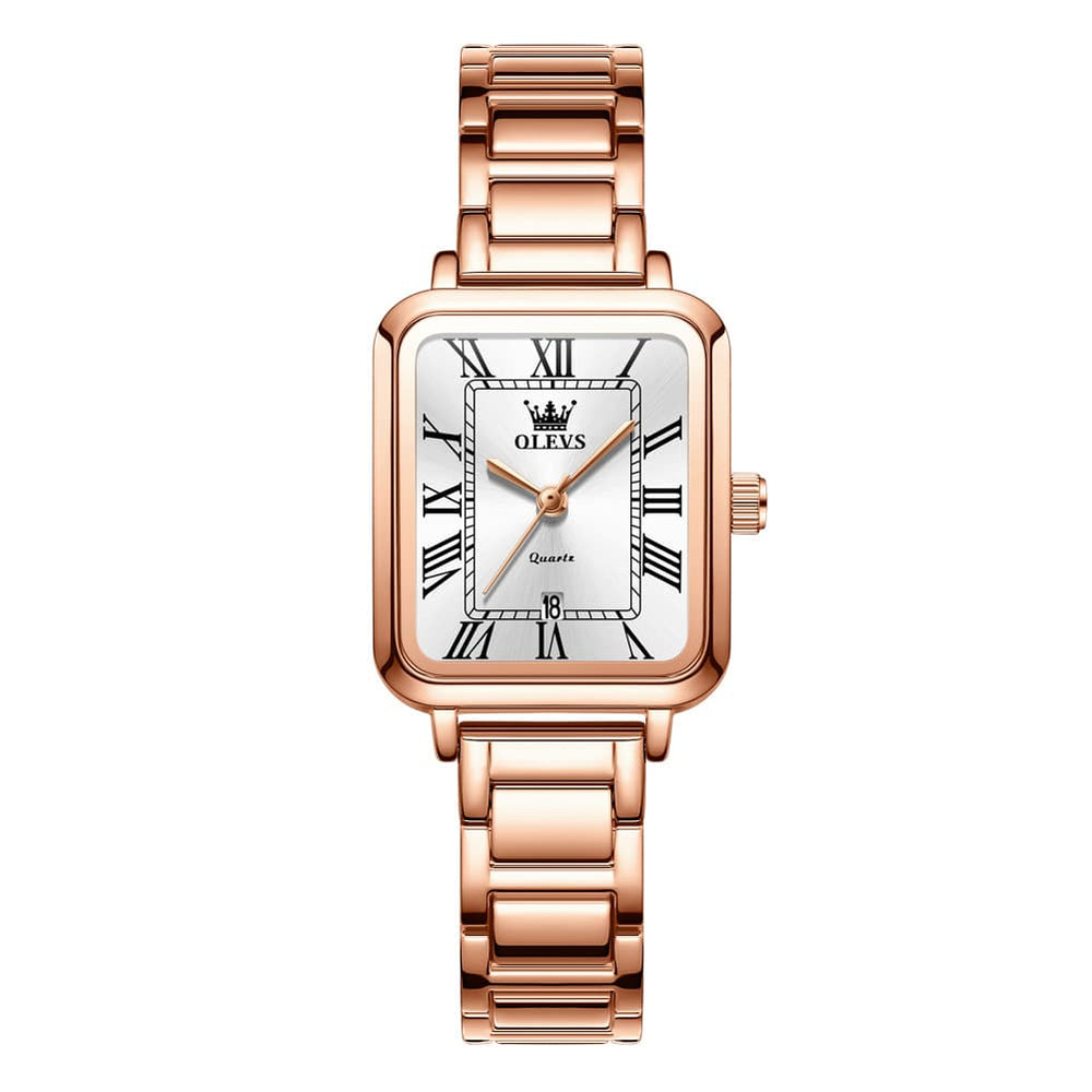 OLEVS Women Rectangular Dress Watch Retro Tank Stainless Steel Date Quartz 5641 - Silver Pink Dial Watch | Olevs Watch Store
