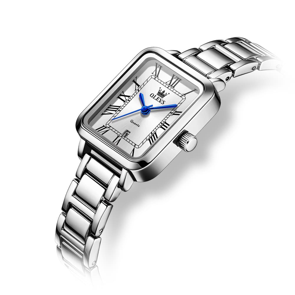OLEVS Women Rectangular Dress Watch Retro Tank Stainless Steel Date Quartz 5641 - Silver Pink Dial Watch | Olevs Watch Store