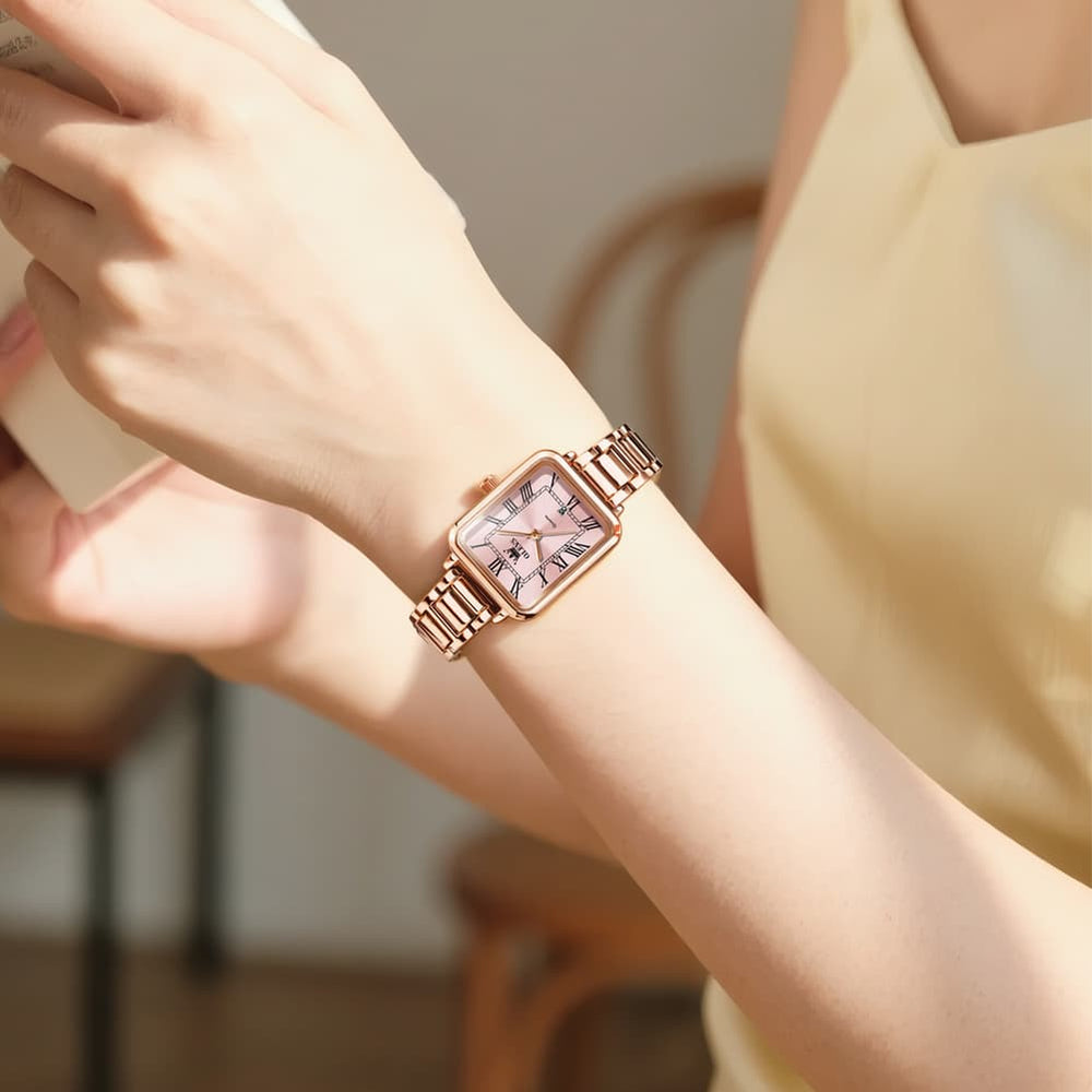 OLEVS Women Rectangular Dress Watch Retro Tank Stainless Steel Date Quartz 5641 - Silver Pink Dial Watch | Olevs Watch Store