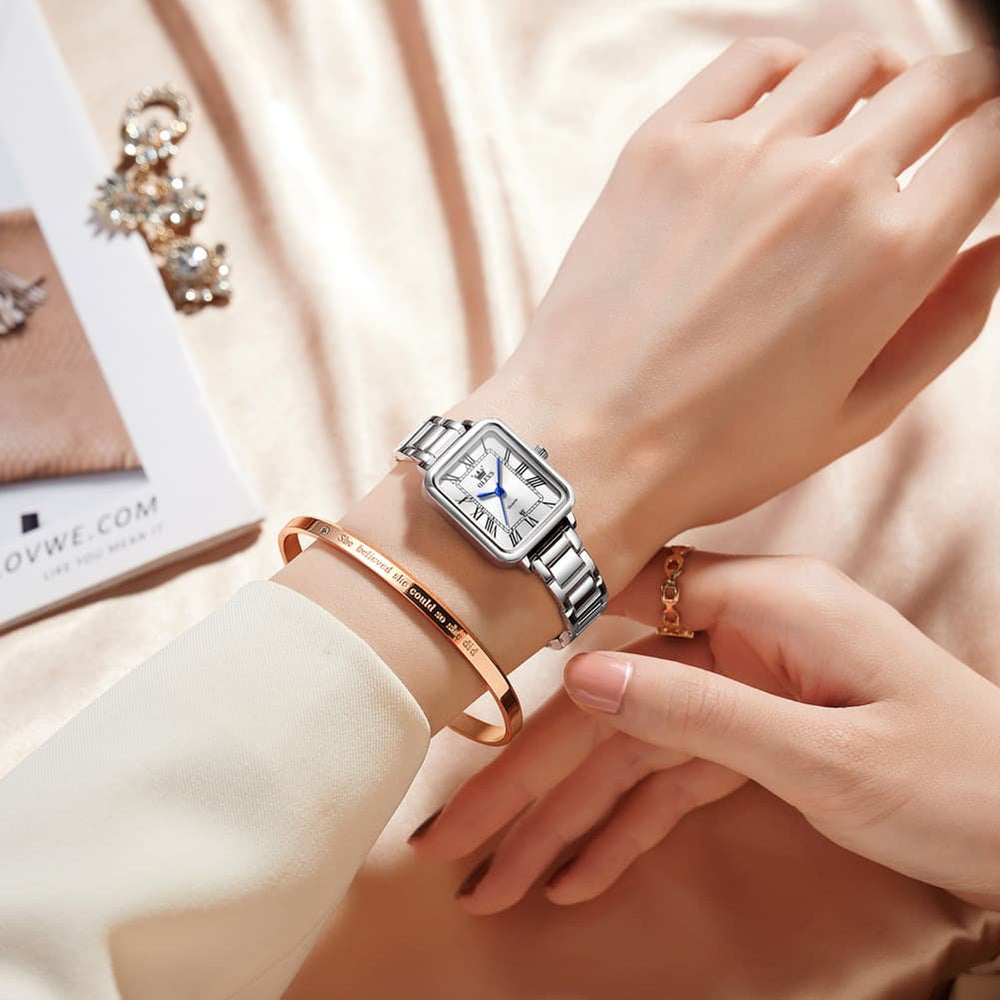OLEVS Women Rectangular Dress Watch Retro Tank Stainless Steel Date Quartz 5641 - Silver Pink Dial Watch | Olevs Watch Store