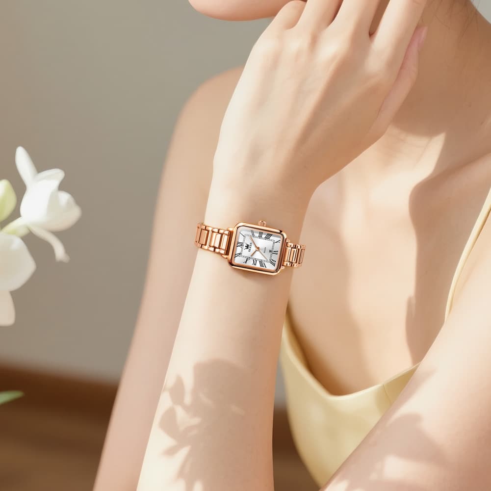 OLEVS Women Rectangular Dress Watch Retro Tank Stainless Steel Date Quartz 5641 - Silver Pink Dial Watch | Olevs Watch Store