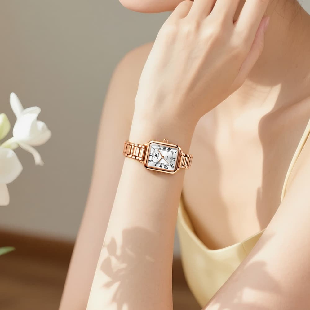 OLEVS Women Rectangular Dress Watch Retro Tank Stainless Steel Date Quartz 5641 - Silver Pink Dial Watch | Olevs Watch Store