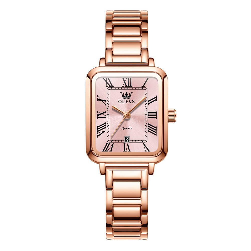 OLEVS Women Rectangular Dress Watch Retro Tank Stainless Steel Date Quartz 5641 - Silver Pink Dial Watch | Olevs Watch Store