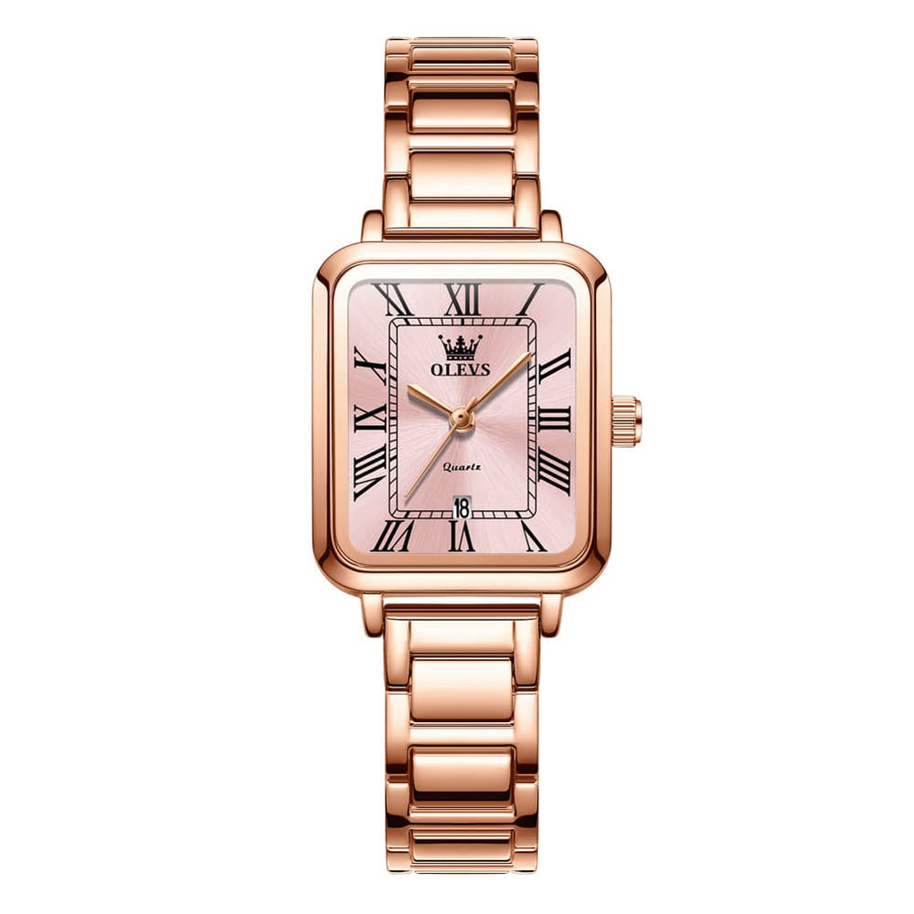 OLEVS Women Rectangular Dress Watch Retro Tank Stainless Steel Date Quartz 5641 - Silver Pink Dial Watch | Olevs Watch Store