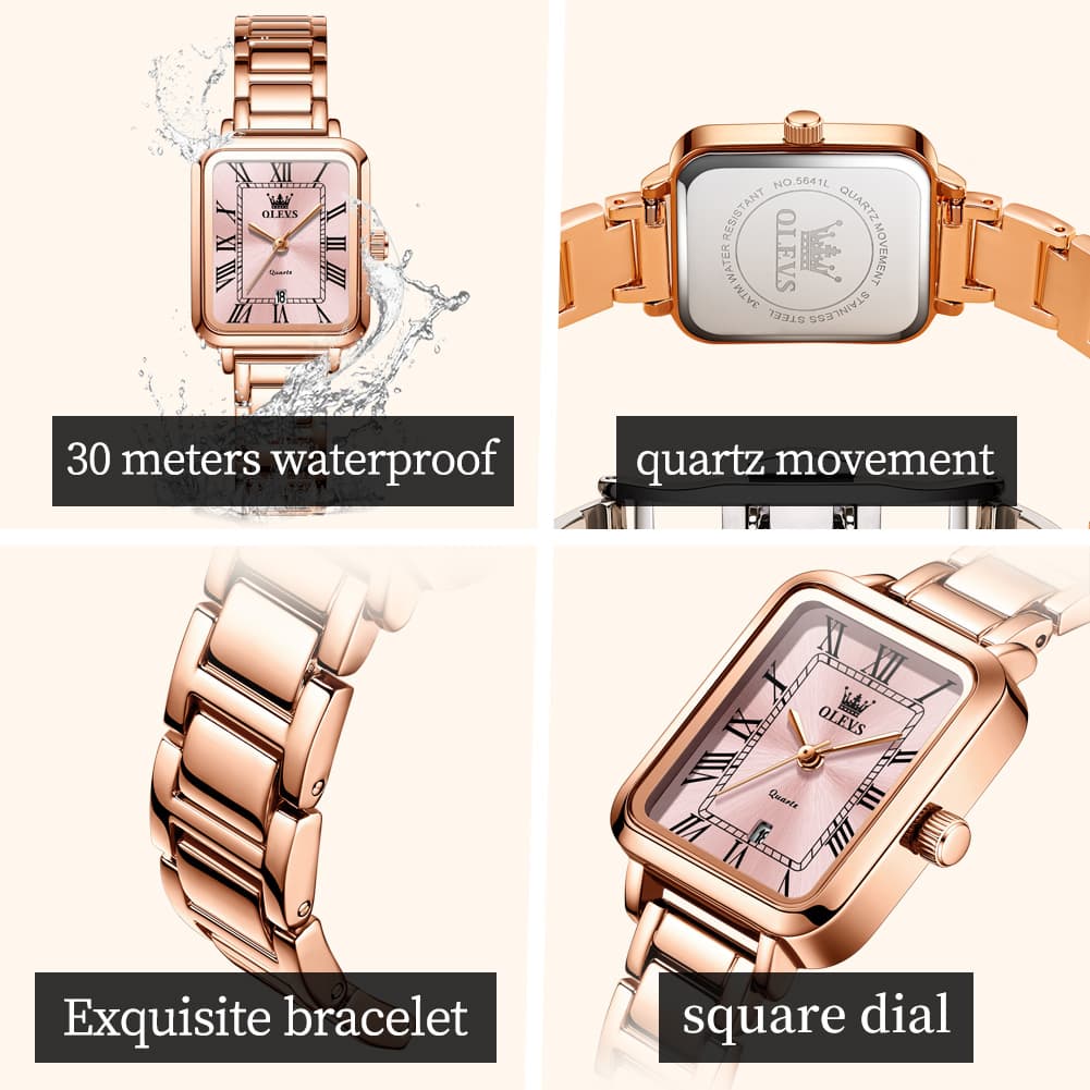OLEVS Women Rectangular Dress Watch Retro Tank Stainless Steel Date Quartz 5641 - Silver Pink Dial Watch | Olevs Watch Store