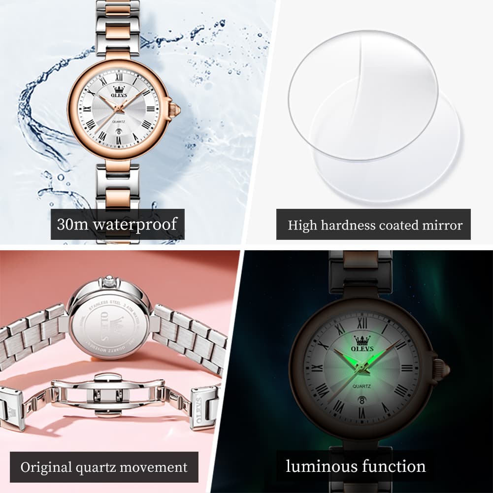 OLEVS Women Roman Numeral Dress Watch Sunray Dial Stainless Steel Date Quartz 5608 - All Rose Gold Watch | Olevs Watch Store