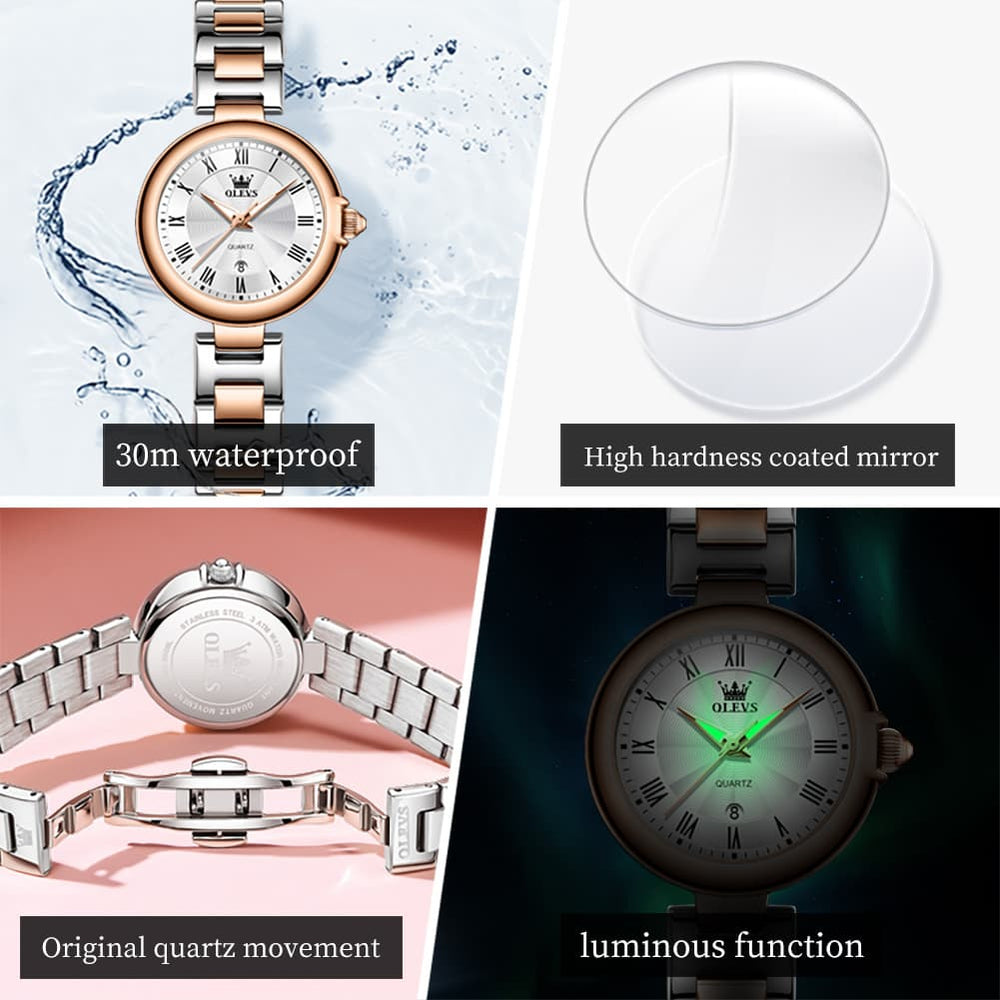 OLEVS Women Roman Numeral Dress Watch Sunray Dial Stainless Steel Date Quartz 5608 - All Rose Gold Watch | Olevs Watch Store
