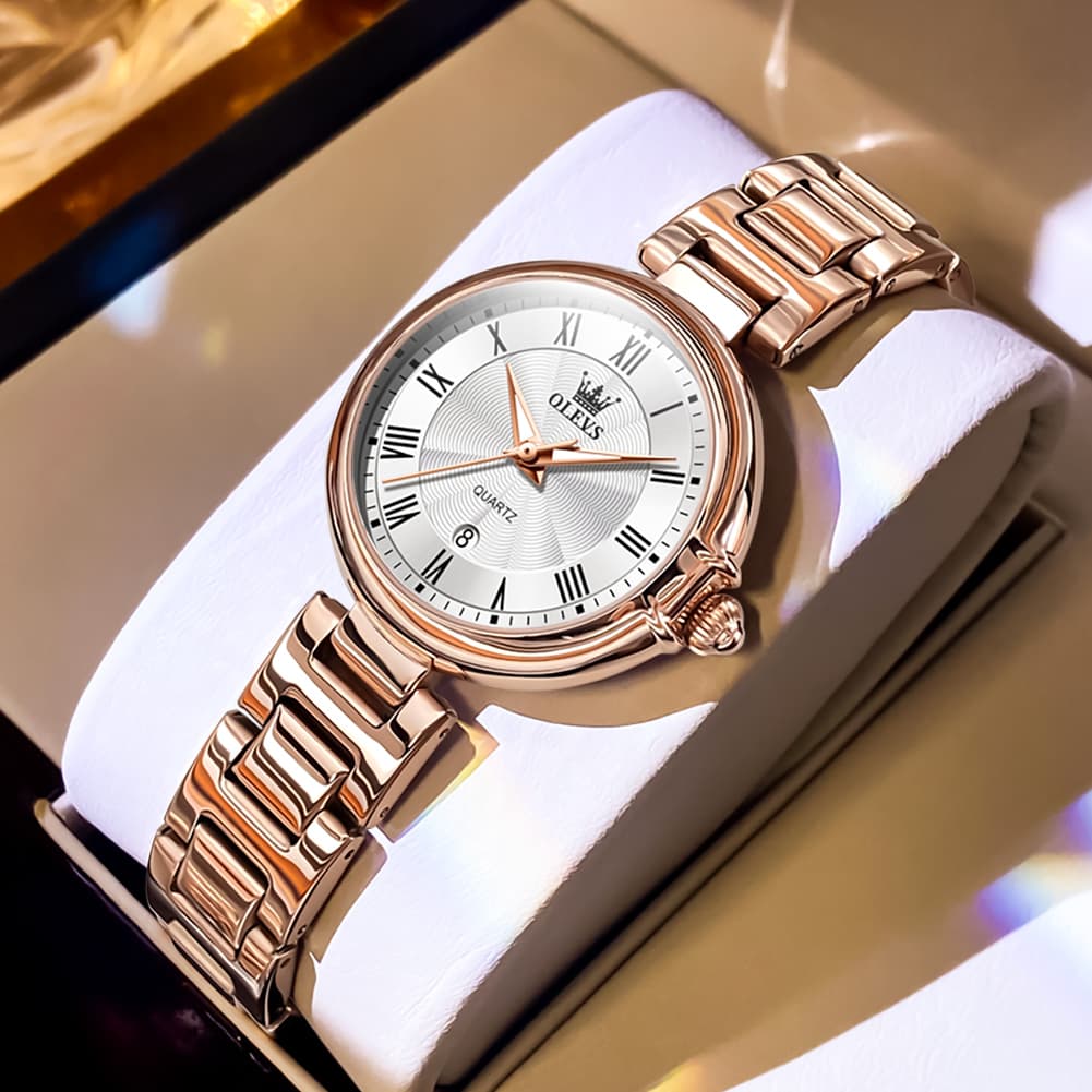 OLEVS Women Roman Numeral Dress Watch Sunray Dial Stainless Steel Date Quartz 5608 - All Rose Gold Watch | Olevs Watch Store