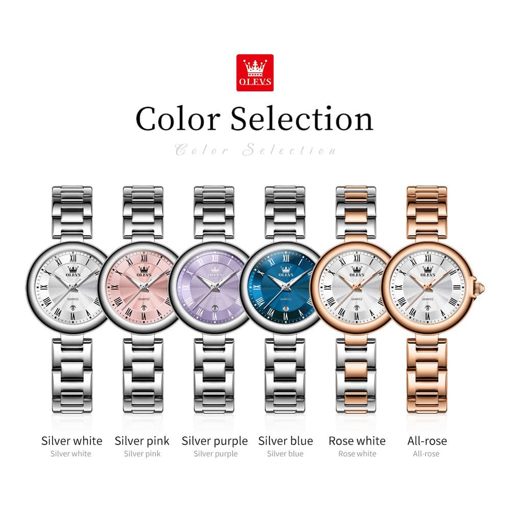 OLEVS Women Roman Numeral Dress Watch Sunray Dial Stainless Steel Date Quartz 5608 - All Rose Gold Watch | Olevs Watch Store