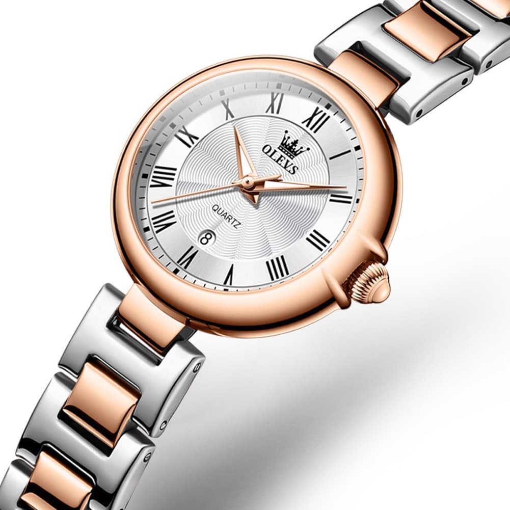 OLEVS Women Roman Numeral Dress Watch Sunray Dial Stainless Steel Date Quartz 5608 - All Rose Gold Watch | Olevs Watch Store