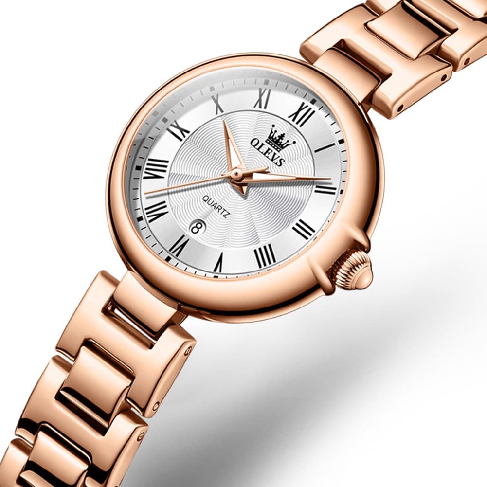OLEVS Women Roman Numeral Dress Watch Sunray Dial Stainless Steel Date Quartz 5608 - All Rose Gold Watch | Olevs Watch Store
