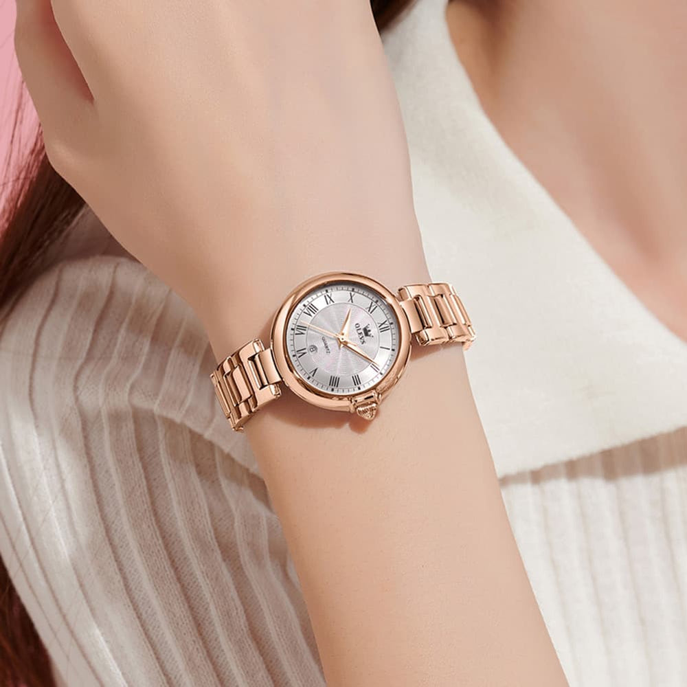 OLEVS Women Roman Numeral Dress Watch Sunray Dial Stainless Steel Date Quartz 5608 - All Rose Gold Watch | Olevs Watch Store
