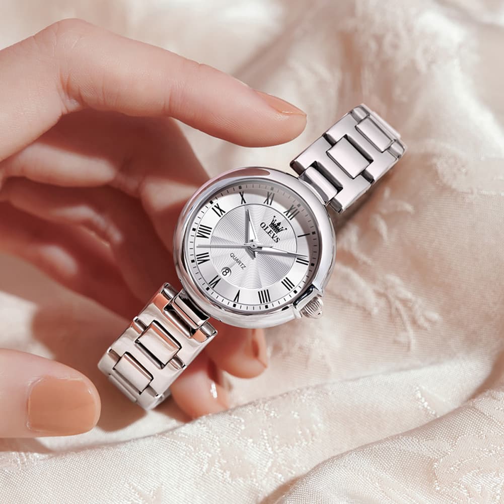 OLEVS Women Roman Numeral Dress Watch Sunray Dial Stainless Steel Date Quartz 5608 - All Rose Gold Watch | Olevs Watch Store