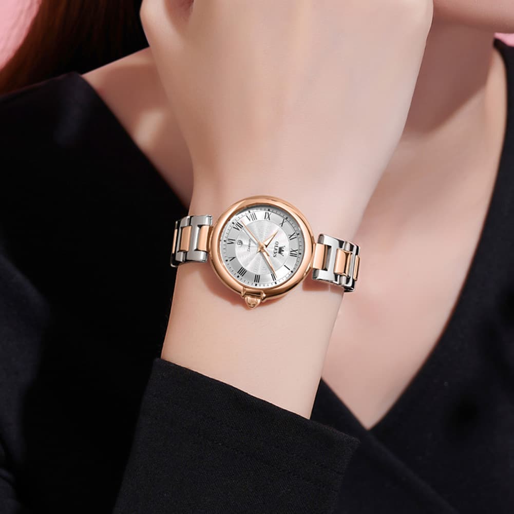 OLEVS Women Roman Numeral Dress Watch Sunray Dial Stainless Steel Date Quartz 5608 - All Rose Gold Watch | Olevs Watch Store