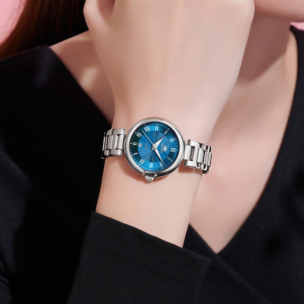 OLEVS Women Roman Numeral Dress Watch Sunray Dial Stainless Steel Date Quartz 5608 - All Rose Gold Watch | Olevs Watch Store