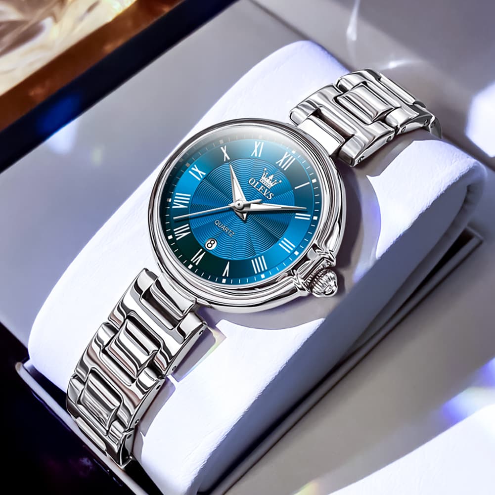 OLEVS Women Roman Numeral Dress Watch Sunray Dial Stainless Steel Date Quartz 5608 - Silver Blue Dial | Olevs Watch Store
