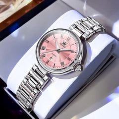 OLEVS Women Roman Numeral Dress Watch Sunray Dial Stainless Steel Date Quartz 5608 - Silver Pink Dial | Olevs Watch Store