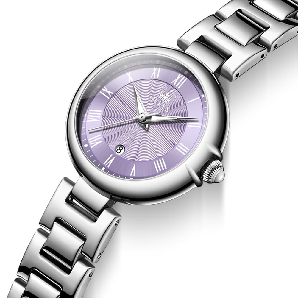 OLEVS Women Roman Numeral Dress Watch Sunray Dial Stainless Steel Date Quartz 5608 - Silver Purple Dial | Olevs Watch Store