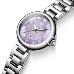 OLEVS Women Roman Numeral Dress Watch Sunray Dial Stainless Steel Date Quartz 5608 - Silver Purple Dial | Olevs Watch Store