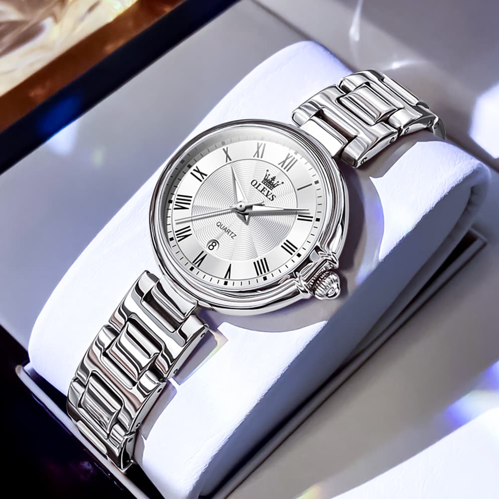 OLEVS Women Roman Numeral Dress Watch Sunray Dial Stainless Steel Date Quartz 5608 - Silver White Dial | Olevs Watch Store