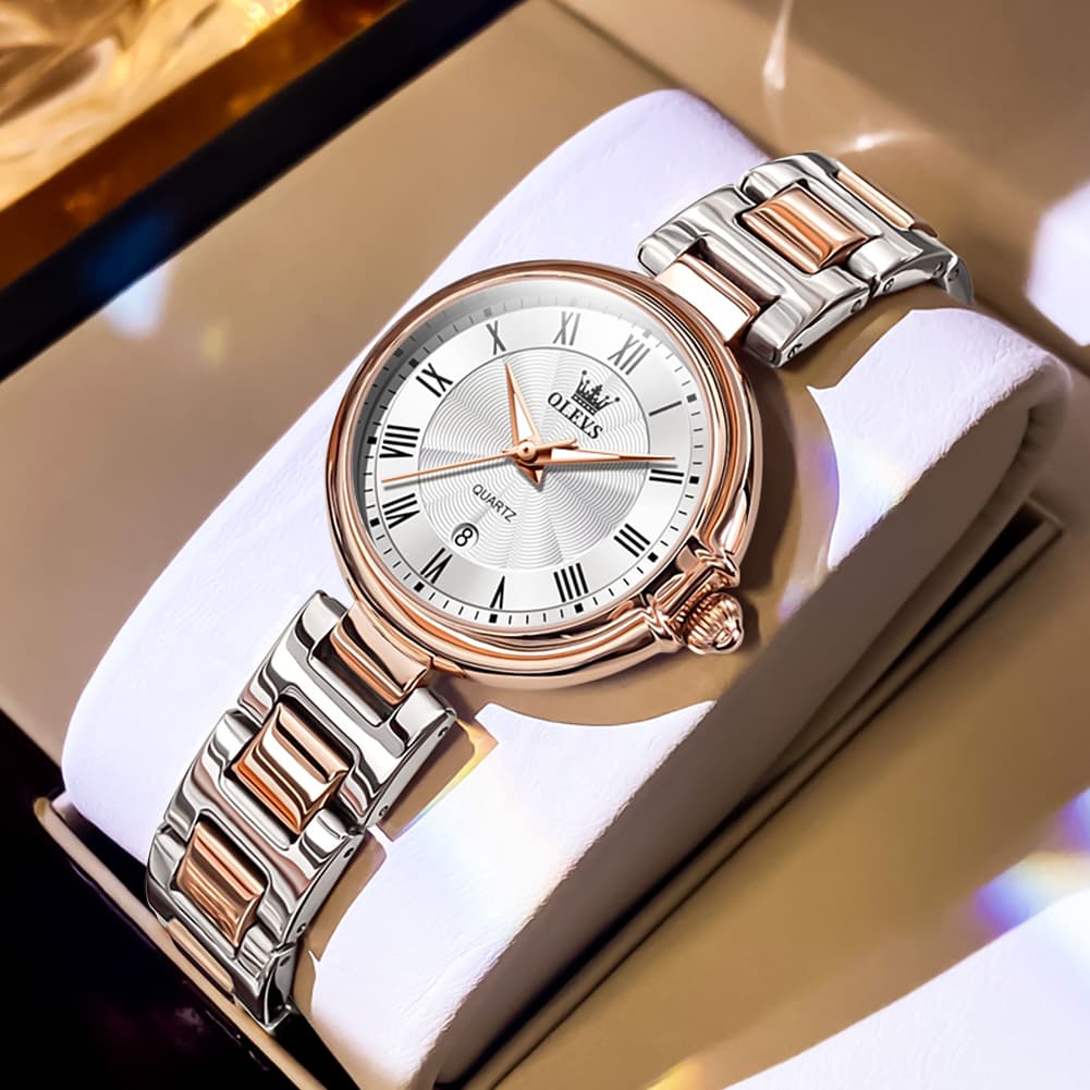 OLEVS Women Roman Numeral Dress Watch Sunray Dial Stainless Steel Date Quartz 5608 - Two Tone Rose Gold | Olevs Watch Store