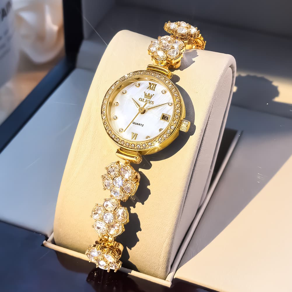 OLEVS Women Spinning Flower Watch Peach Blossom Crystal Mother of Pearl Date Quartz 5638 - Olevs Watch Store