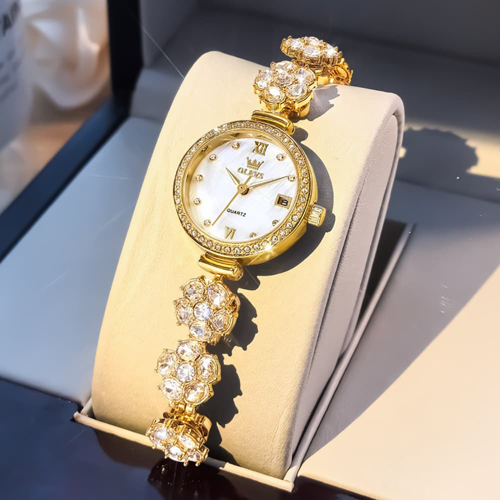 OLEVS Women Spinning Flower Watch Peach Blossom Crystal Mother of Pearl Date Quartz 5638 - Olevs Watch Store