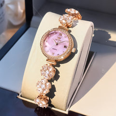 OLEVS Women Spinning Flower Watch Peach Blossom Crystal Mother of Pearl Date Quartz 5638 - Olevs Watch Store