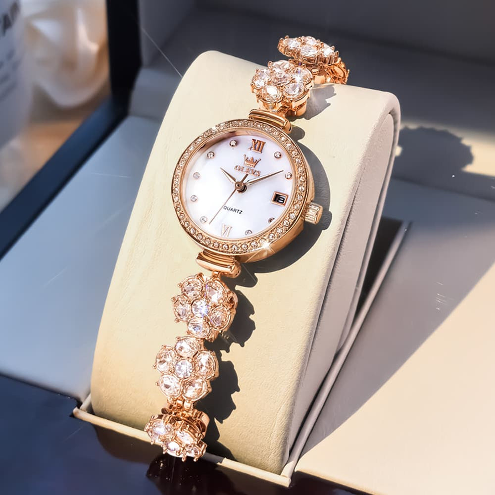 OLEVS Women Spinning Flower Watch Peach Blossom Crystal Mother of Pearl Date Quartz 5638 - Olevs Watch Store