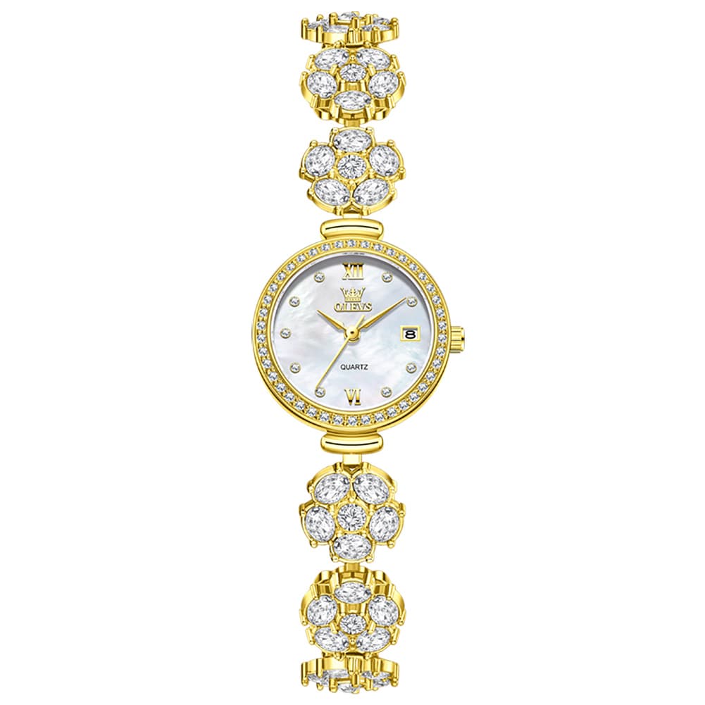 OLEVS Women Spinning Flower Watch Peach Blossom Crystal Mother of Pearl Date Quartz 5638 - Olevs Watch Store