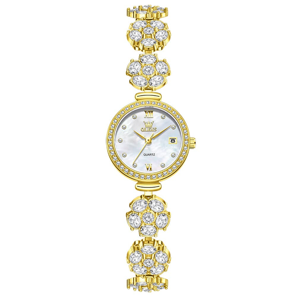 OLEVS Women Spinning Flower Watch Peach Blossom Crystal Mother of Pearl Date Quartz 5638 - Olevs Watch Store
