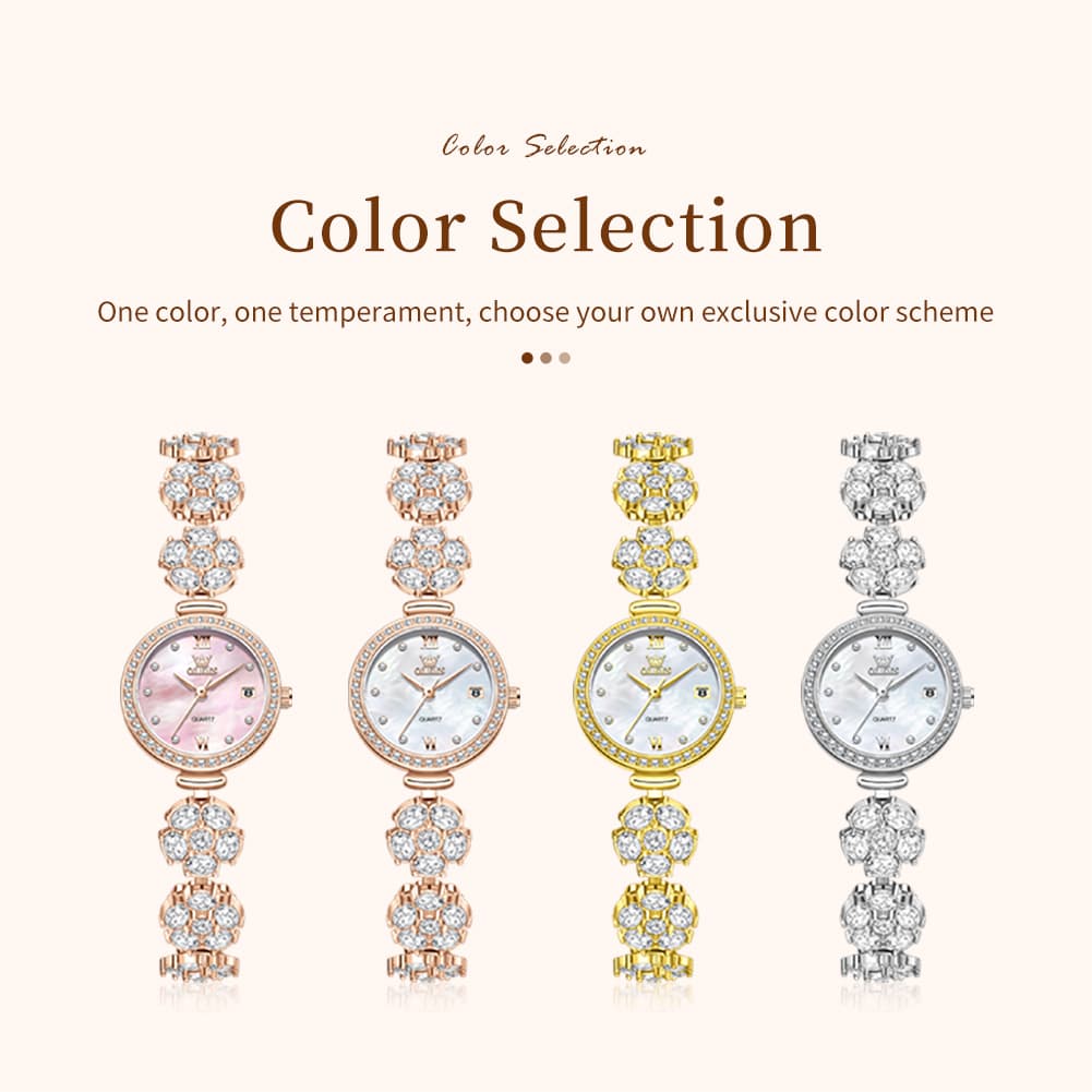 OLEVS Women Spinning Flower Watch Peach Blossom Crystal Mother of Pearl Date Quartz 5638 - Olevs Watch Store