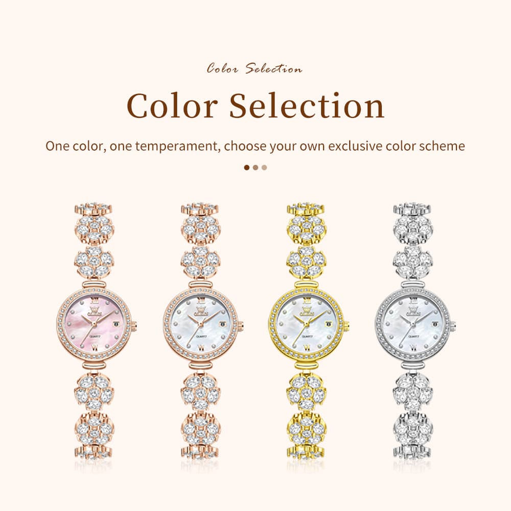 OLEVS Women Spinning Flower Watch Peach Blossom Crystal Mother of Pearl Date Quartz 5638 - Olevs Watch Store