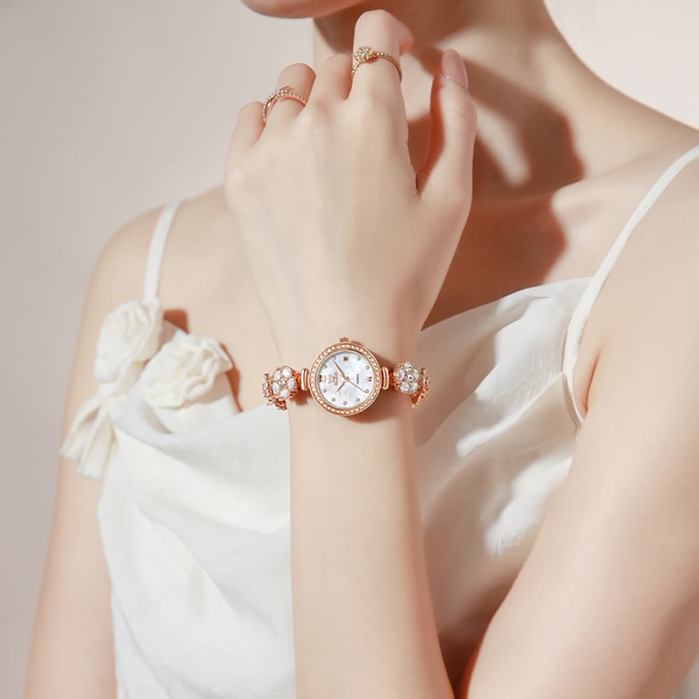 OLEVS Women Spinning Flower Watch Peach Blossom Crystal Mother of Pearl Date Quartz 5638 - Olevs Watch Store