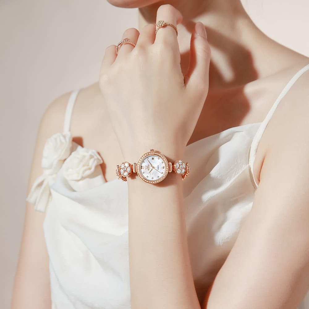 OLEVS Women Spinning Flower Watch Peach Blossom Crystal Mother of Pearl Date Quartz 5638 - Olevs Watch Store