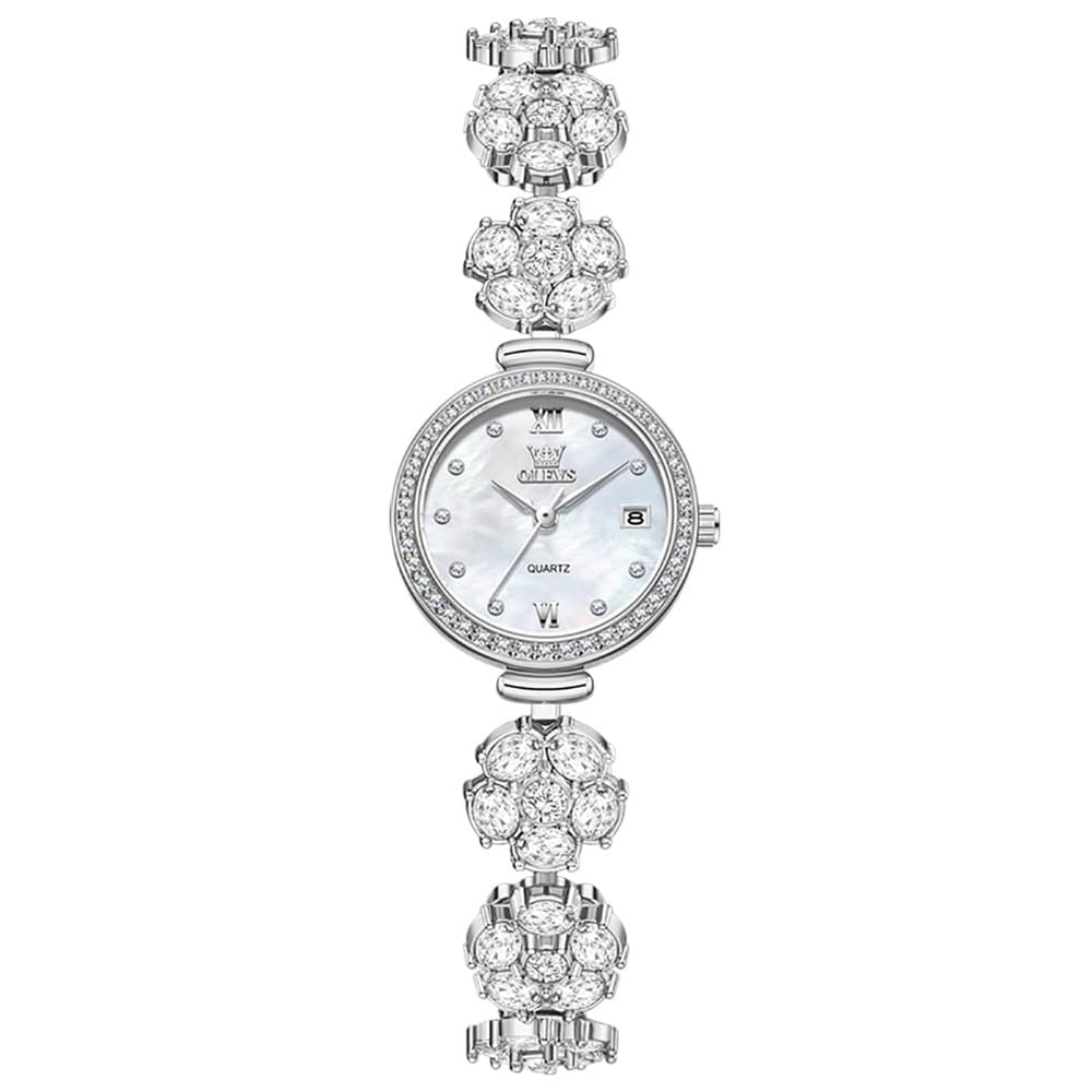 OLEVS Women Spinning Flower Watch Peach Blossom Crystal Mother of Pearl Date Quartz 5638 - Olevs Watch Store