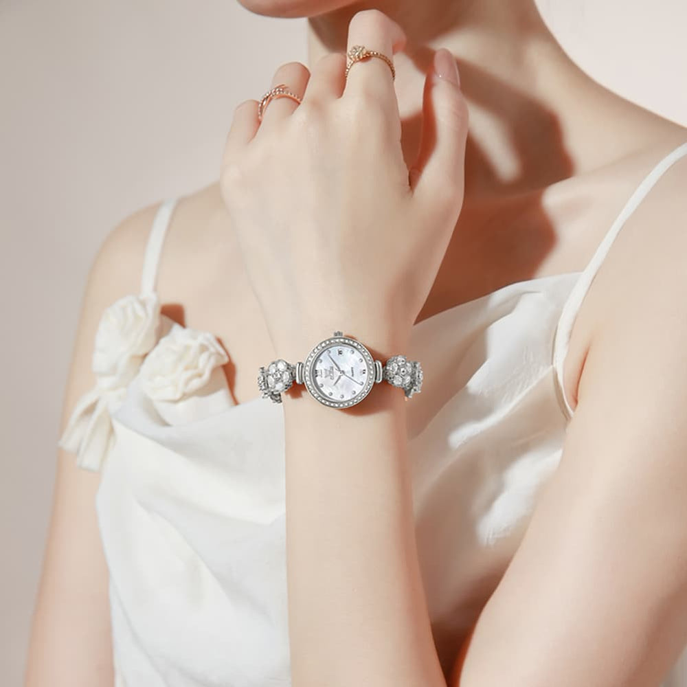 OLEVS Women Spinning Flower Watch Peach Blossom Crystal Mother of Pearl Date Quartz 5638 - Olevs Watch Store