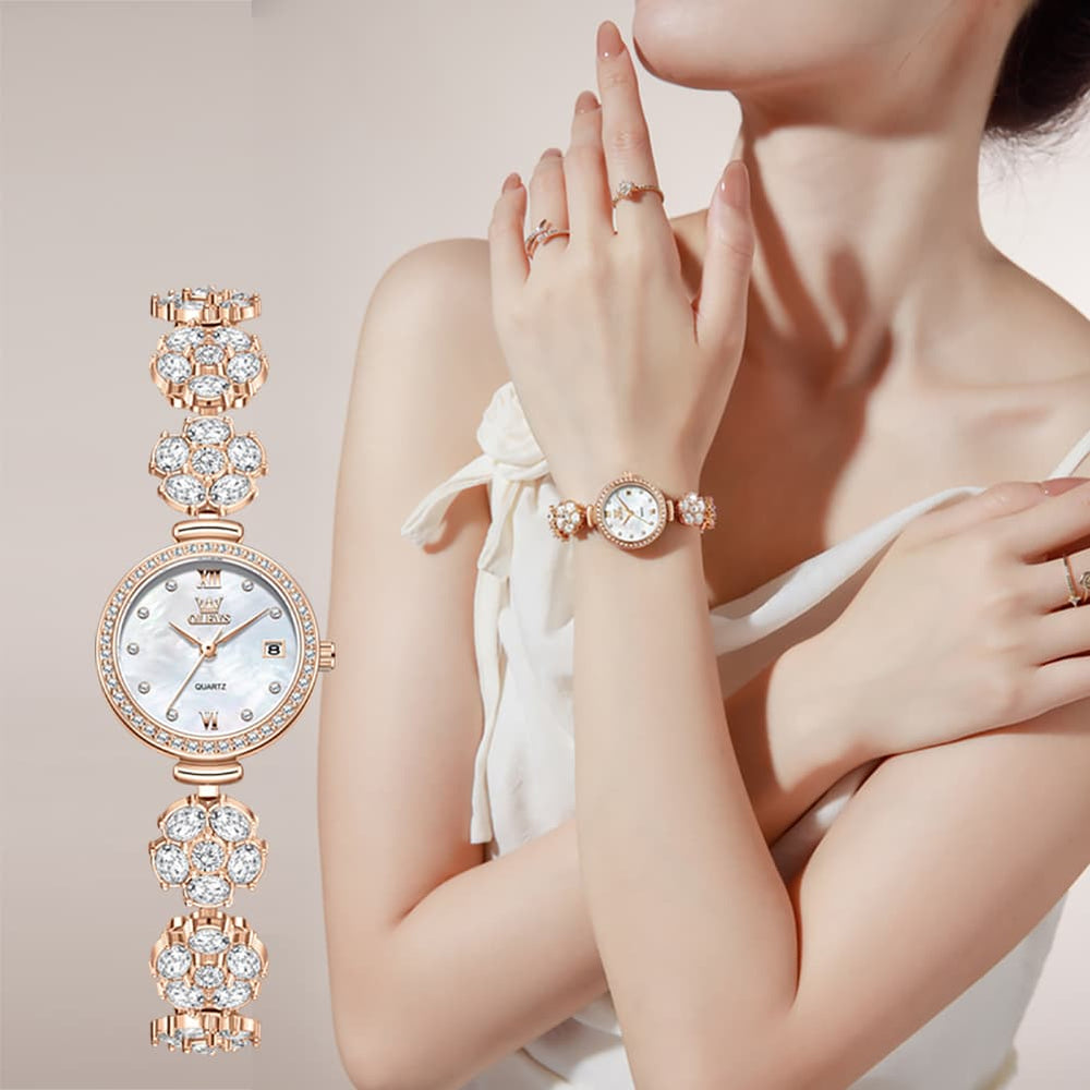 OLEVS Women Spinning Flower Watch Peach Blossom Crystal Mother of Pearl Date Quartz 5638 - Olevs Watch Store