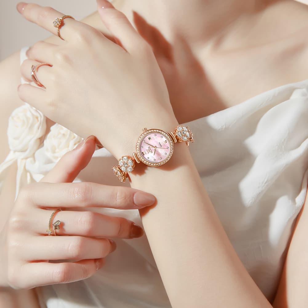 OLEVS Women Spinning Flower Watch Peach Blossom Crystal Mother of Pearl Date Quartz 5638 - Olevs Watch Store