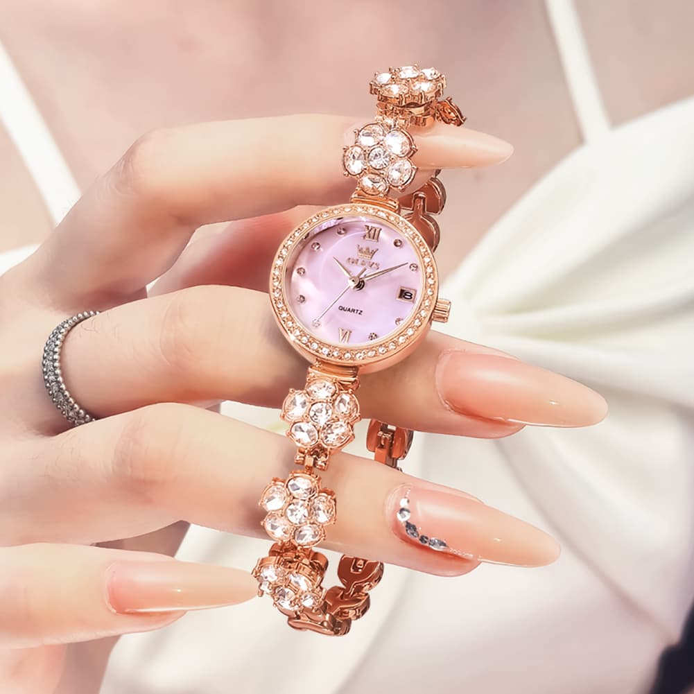 OLEVS Women Spinning Flower Watch Peach Blossom Crystal Mother of Pearl Date Quartz 5638 - Olevs Watch Store